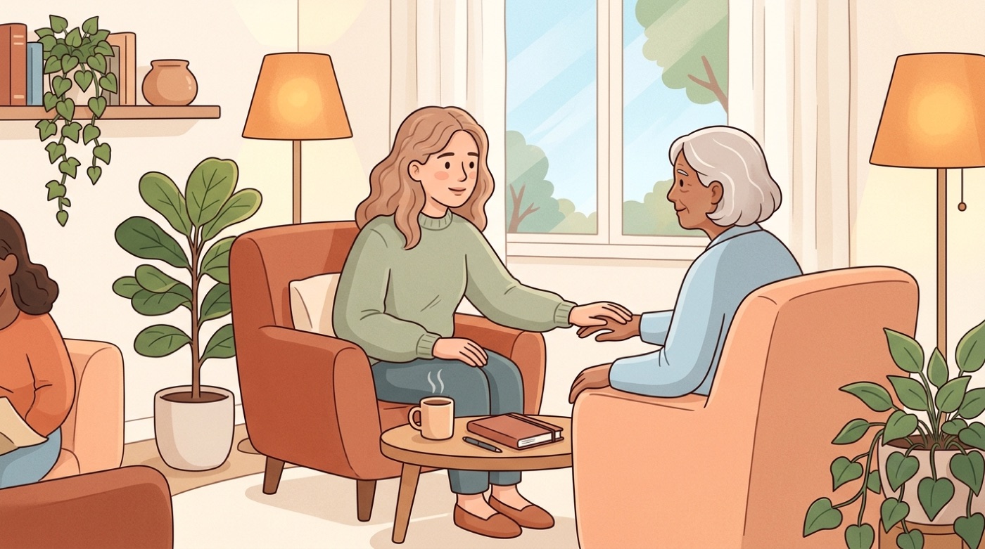 A caring, reassuring scene about reaching out for real human help in a crisis