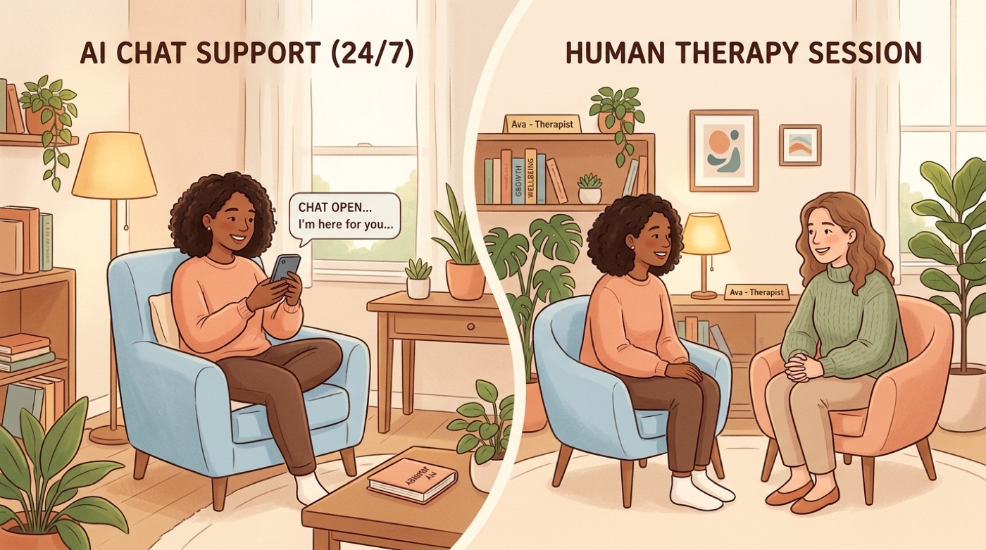 A side-by-side of always-on AI chat support and an in-person human therapy session