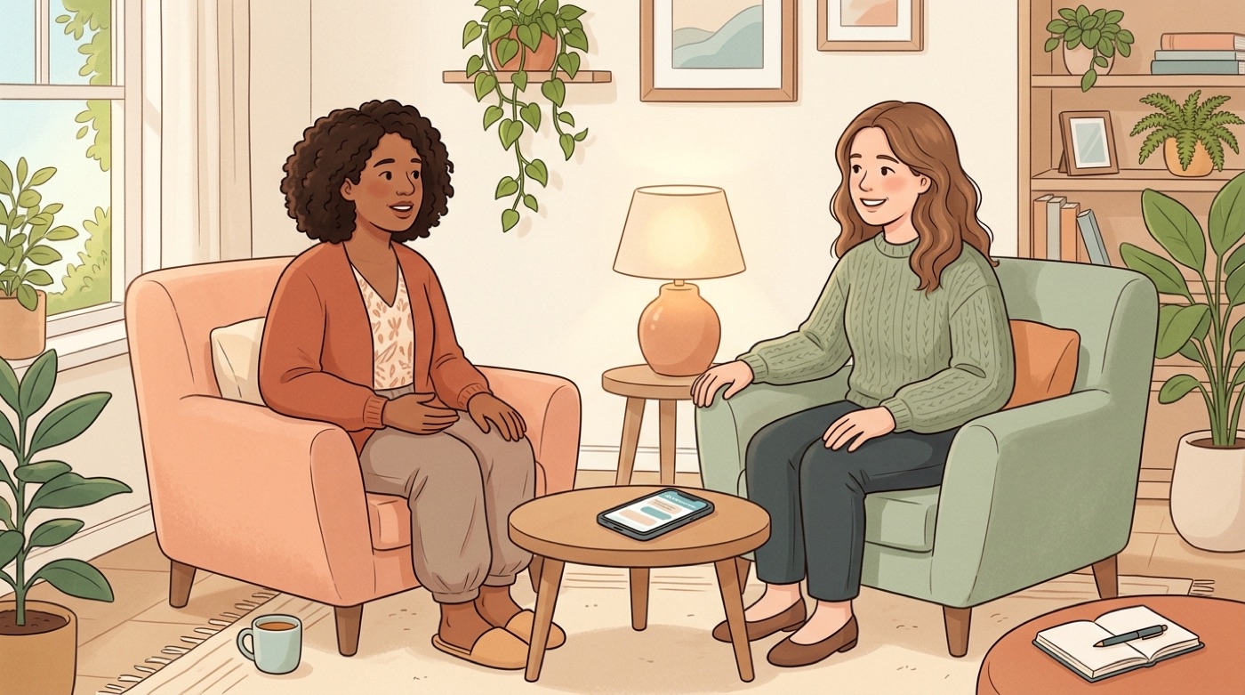 An AI therapist warmly supporting a person through a calm supportive chat in a cozy room